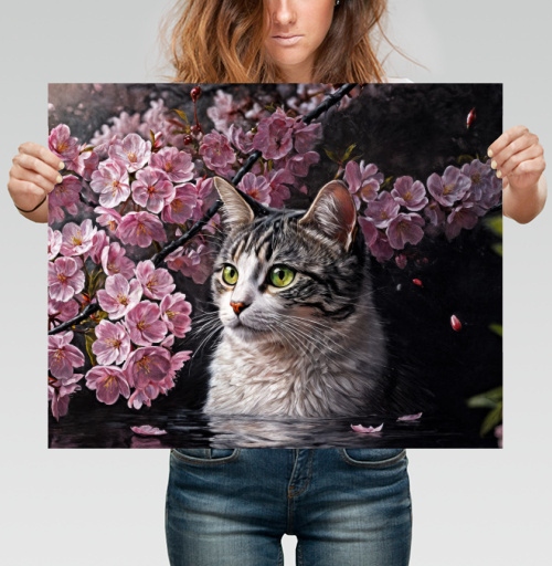 Фотография футболки Cat in sakura – Полосатый кот среди розовых лепестков Кот сакура вишня