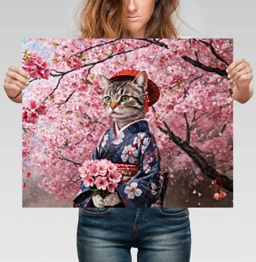 Фотография футболки Кот в кимоно с цветами сакуры