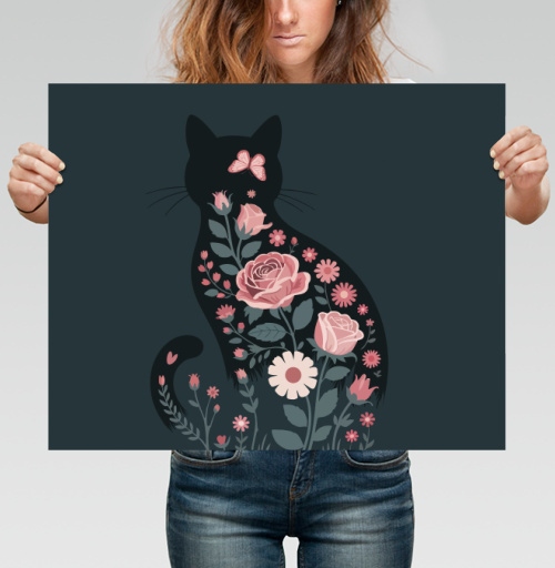 Фотография футболки Изящный грациозный силуэт черного кота в розах Floral cat rose