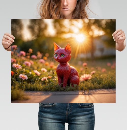 Фотография футболки Красная кошка среди цветов на закате в волшебном саду