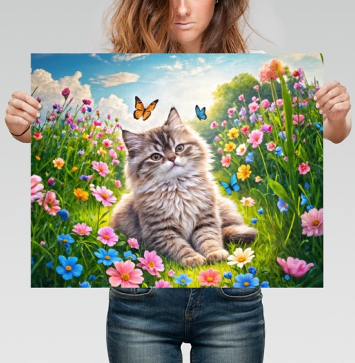 Фотография футболки Котёнок среди цветов с бабочками весенняя нежность природы