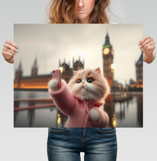 Фотография футболки Кот в пальто делает селфи в Лондоне ночью