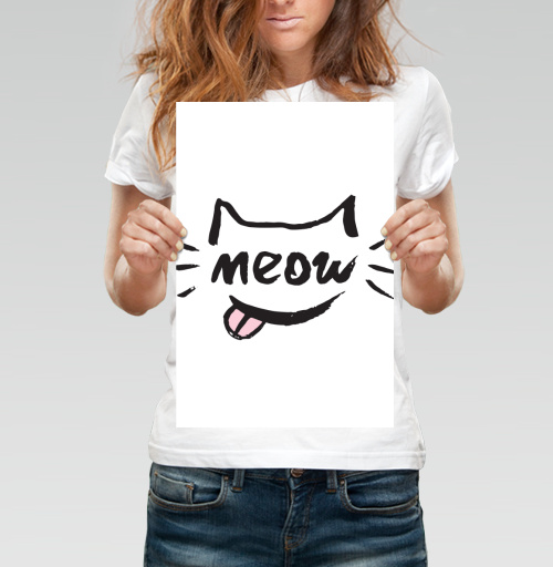 Фотография футболки Игривый кот с надписью meow и высунутым язычком