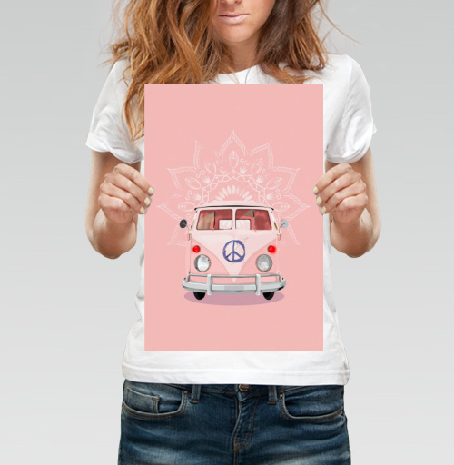 Фотография футболки Розовый Фургон Volkswagen Т1 с Мандалой Хиппи