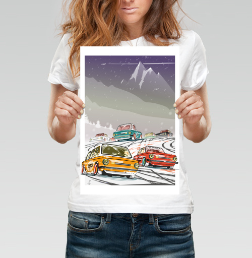 Фотография футболки Красочная захватывающая горная автомобильная Зимняя гонка ретро