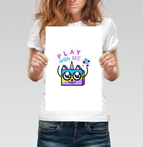 Фотография футболки Play with me. Радужный Кот-единорог.