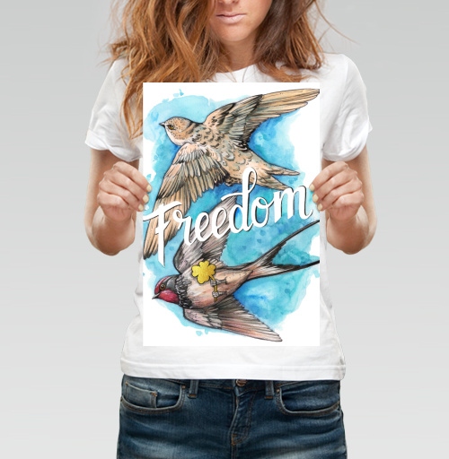 Фотография футболки Freedom – Свобода птицы в небе с золотым клевером удачи Свобода