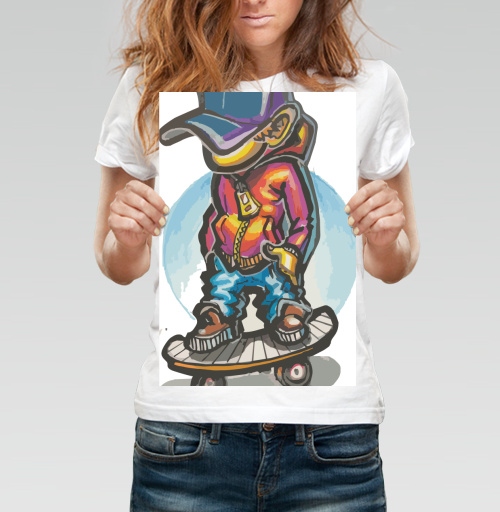 Фотография футболки Юный скейтбордист в яркой одежде на доске