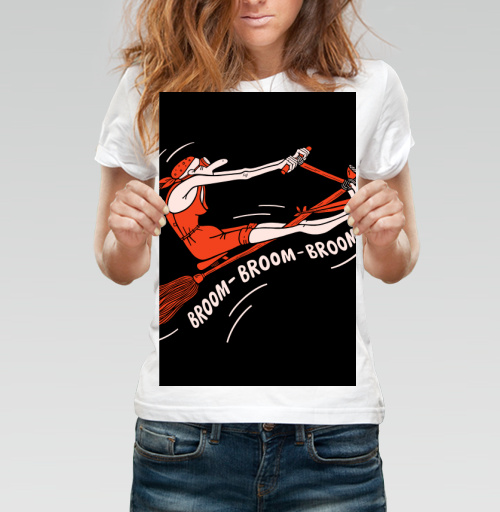 Фотография футболки Женщина на метле гонка скорость движение Broom Broom