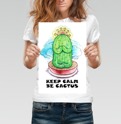 Фотография футболки Спокойный медитирующий кактус с позитивной надписью be cactus