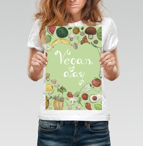 Фотография футболки Овощи фрукты ягоды зелень зеленом фоне Vegan day
