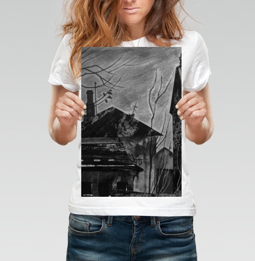 Фотография футболки Мрачная зимняя сцена с домами и деревьями зимой холодной тишины