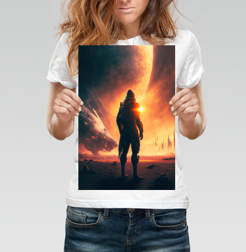 Фотография футболки Исследователь галактической планеты на фоне горизонта
