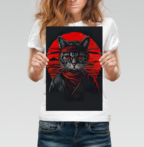 Фотография футболки Стильный портрет кота-ниндзя в японском стиле