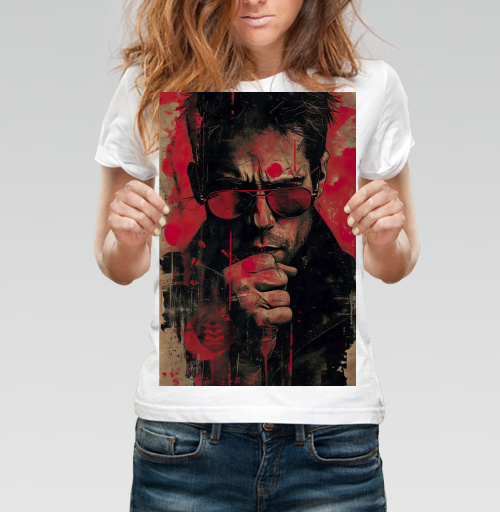 Фотография футболки Мужчина в очках с кулаком у рта в красно черных тонах