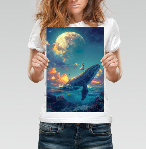 Фотография футболки Фантазия единства: Кит и девушка на Луне