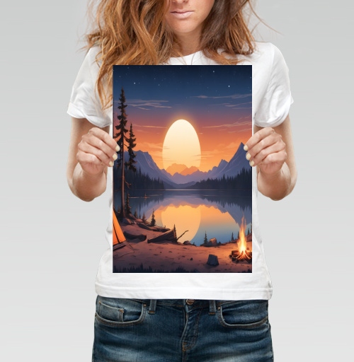 Фотография футболки Nature adventures at the mountain lake sunset / Поход к горному озеру на закате