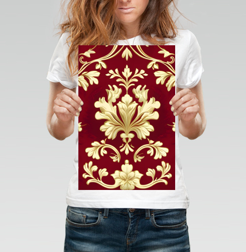 Фотография футболки Золотой дамасский узор на темном бордовом фоне Golden damask pattern