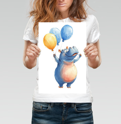 Фотография футболки Watercolor Blue Hippo with Balloons / Акварельный бегемот с шариками