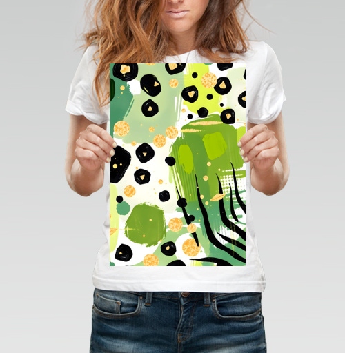 Фотография футболки Яркие зеленые джунгли золотая абстракция Abstract tropical jungle