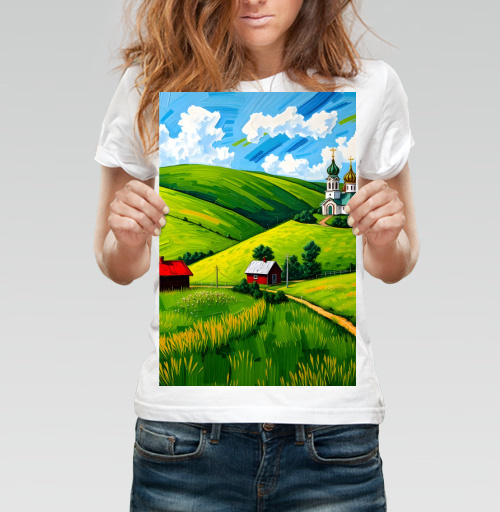Фотография футболки Village Summer Landscape - Летний сельский пейзаж с золотыми куполами церкви