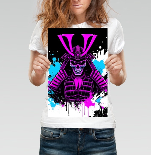Фотография футболки Neon Cyber Samurai Warrior / Самурай Череп в ярких брызгах краски