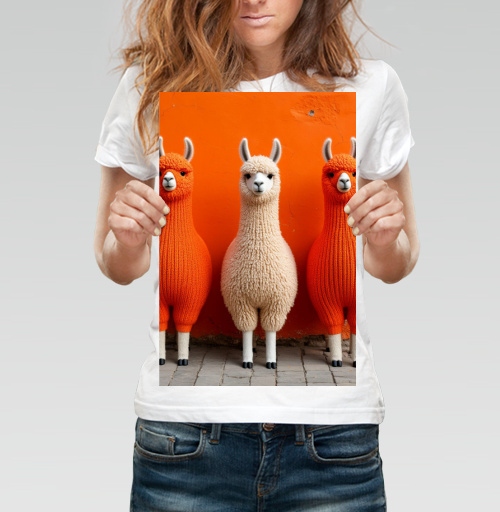 Фотография футболки Llamas in orange sweaters / Ламы в ярких свитерах у оранжевой стены