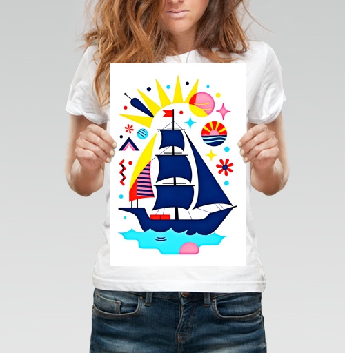 Фотография футболки Морское путешествие с кораблем плывет по воде