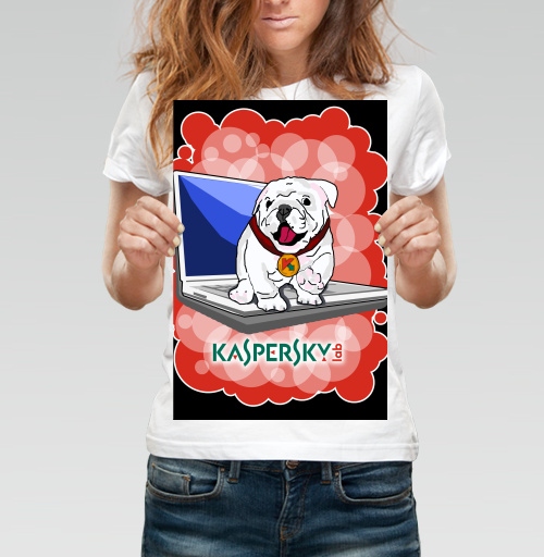 Фотография футболки Дружелюбный белый бульдог Kaspersky — символ защиты