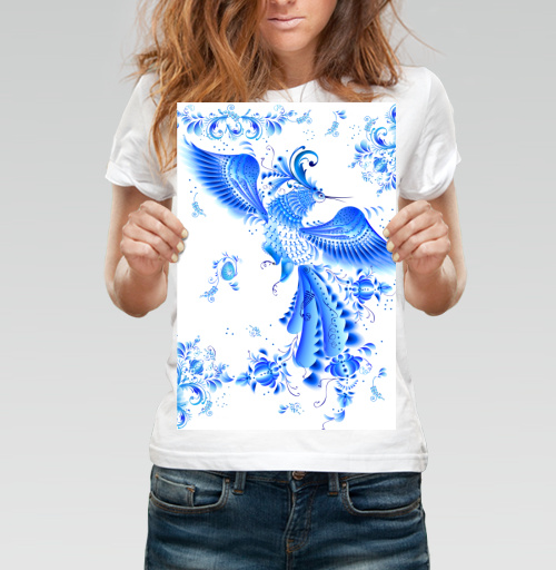 Фотография футболки Синяя птица удачи в стиле гжельской росписи
