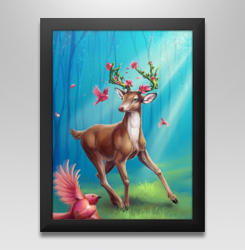 Фотография футболки Весенний олень с розовыми птицами и цветущими рогами