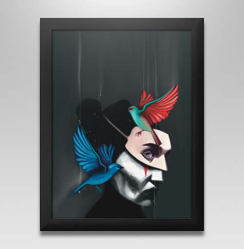 Постер в чёрной раме 20x30 см Сюрреалистический портрет девушка в маске с птицами кукловод - купить в интернет-магазине Мэриджейн в Москве и СПБ