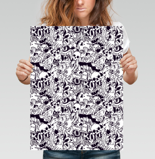 Фотография футболки Серия Хэллоуин, черепа и кости, черный и белый