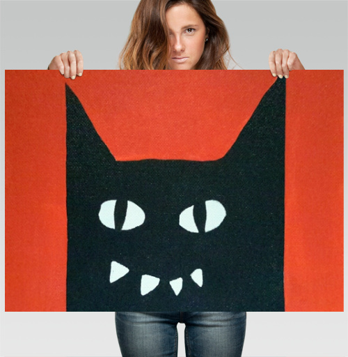 Фотография футболки Черный кот на красном.