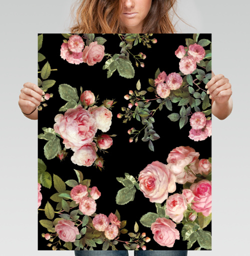 Постер вертикальный 40x50 см Розовые розы на черном фоне - купить в интернет-магазине Мэриджейн в Москве и СПБ