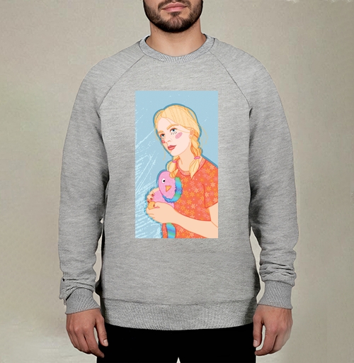 Фотография футболки Девушка с единорогом в нежных теплых тонах на голубом фоне