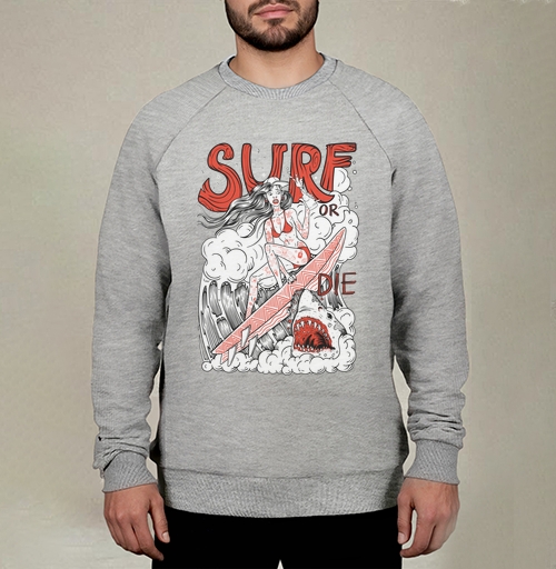 Фотография футболки Девушка Серфер На Волне С Акулами Surf Or Die