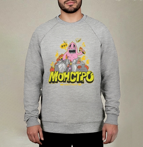 Фотография футболки Энергичный Pink Monster / Розовый монстр рушит серый город и мегаполис в огне