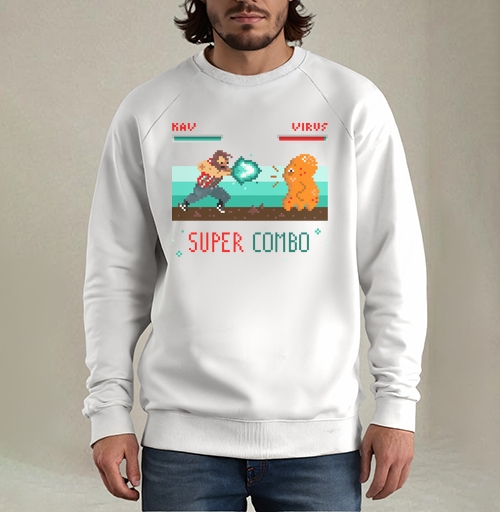 Фотография футболки Энергичная битва в пиксель-арт стиле с SUPER COMBO