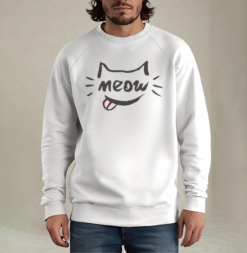 Фотография футболки Игривый кот с надписью meow и высунутым язычком