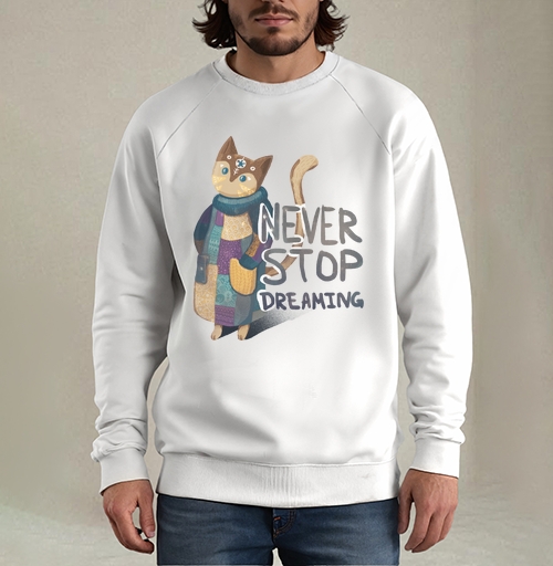 Фотография футболки Яркая вдохновляющая стилизованная кошка NEVER STOP DREAMING