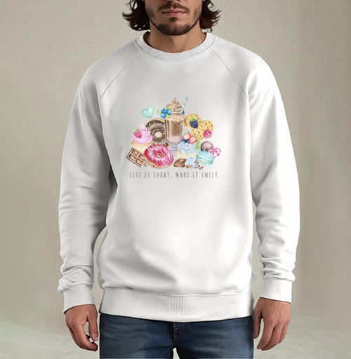 Фотография футболки Сладкие десерты и напитки с надписью жизнь коротка make it sweet