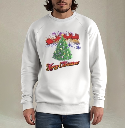 Фотография футболки Яркая новогодняя елка с оленями и Merry Christmas надписью