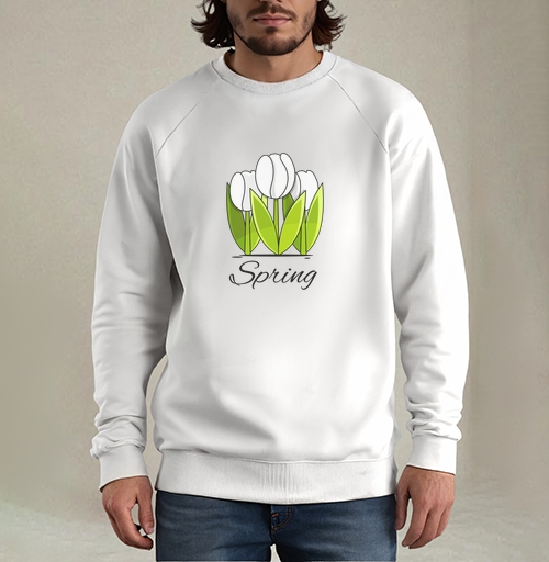 Фотография футболки Белые тюльпаны и зелёные листья весна надпись Spring