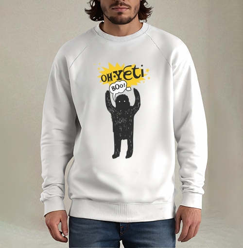 Фотография футболки Забавный йети с поднятыми руками и надписью oh Yeti