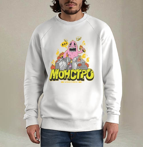 Фотография футболки Энергичный Pink Monster / Розовый монстр рушит серый город и мегаполис в огне