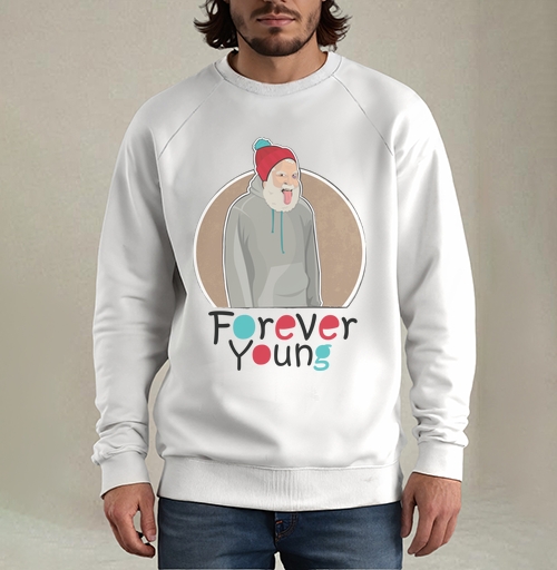 Фотография футболки Веселый старик Forever Young с яркой шапкой