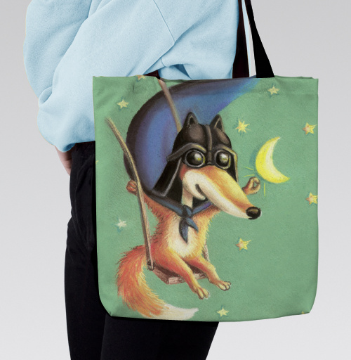 Фотография футболки Лиса-летчик на качелях с светящимся месяцем