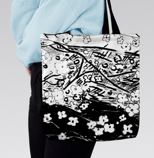 Фотография футболки Ink Flower Sketch Pattern Черно белая цветочная абстракция