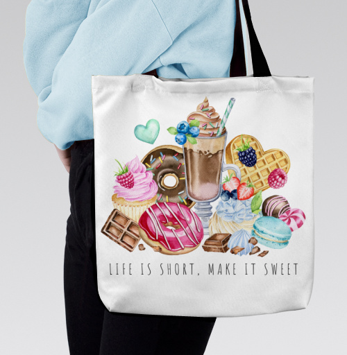 Фотография футболки Сладкие десерты и напитки с надписью жизнь коротка make it sweet